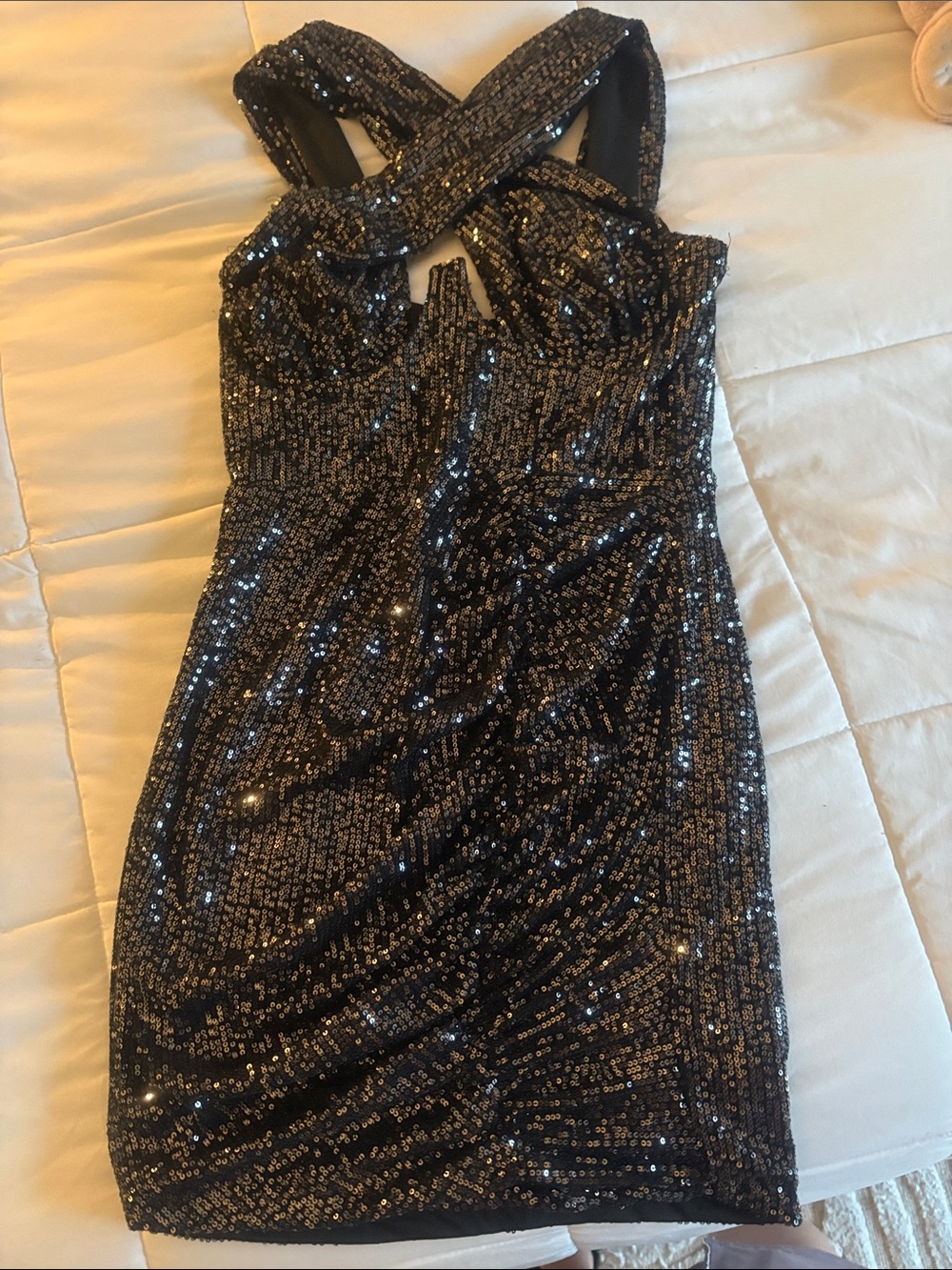 AKIRA Black Sequin Crisscross Strap Mini Dress